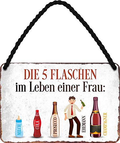 schilderkreis24 Blechschild Sprüche für Frauen – Geschenk für beste Freundin, Geburtstag & Einzug (Die 5 Flaschen im Leben einer Frau)