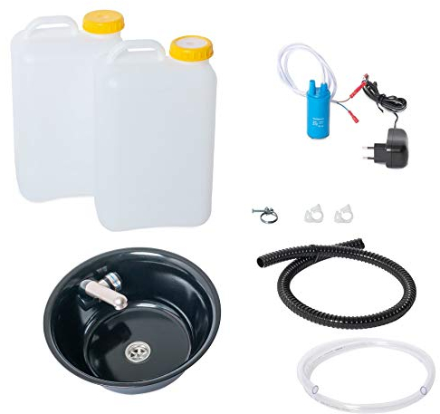 Wasseranlage Imbisswagen Verkaufsanhänger Campingküche 230v Bausatz Spüle schwarz 32 cm (320mm) integriert + Wasserhahn Barwig Chrom Wasserkanister 19Liter (ad-ideen)