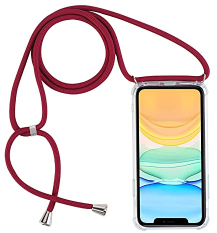 PuYu Zhe Handyhülle Kompatibel mit Samsung Galaxy A21S,Transparente TPU Silikonhülle mit Halsband Seil,Sturz und Stoßfest,Halsband Seil Kann Verlängert die Länge Anpassen-Jujube Rot
