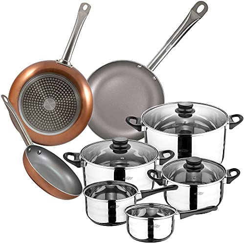 San Ignacio Bateria de cocina 8 piezas en acero inoxidable, con juego de sartenes (18,22 y 26 cm) en aluminio prensado, inducción, PK3159