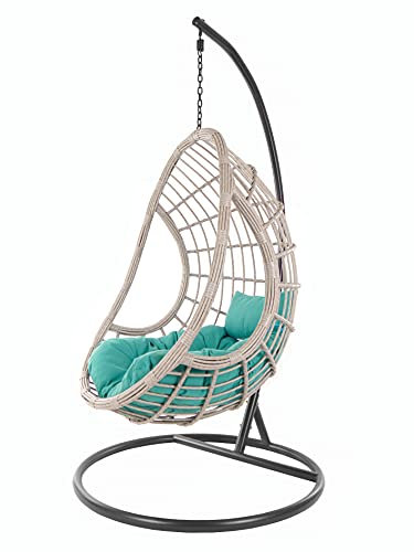 KIDEO Komplettset: Hängesessel mit Gestell & Kissen, Korbsessel, Poly-Rattan, grau-beige (Kissen: türkis Chesterstepp (5060 Ocean))