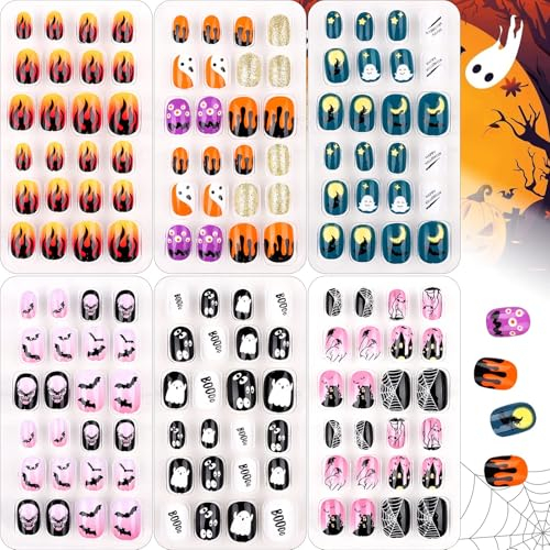 144 Pièces Halloween Faux Ongles pour Enfants, Kalolary Halloween Faux Ongles Presse Artificielle Ongles Enfant Acrylique Pleine Couverture avec 2 Pièces Ongles Adhésifs DIY D'ongle Manucure Salon