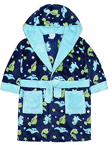 Metzuyan Boys Dinosaur Dressing Gown Robe Soft Plush Fleece Hooded Dino Fluffy Pockets 2-3 Years