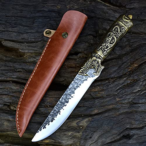 7 Couteau Viking fait à la main 7Cr17ComoV Haute acier de carbone Chasse en acier à l'extérieur Sharp Cleaver Couteaux de cuisine Copper Dragon Décor Poignée couteau