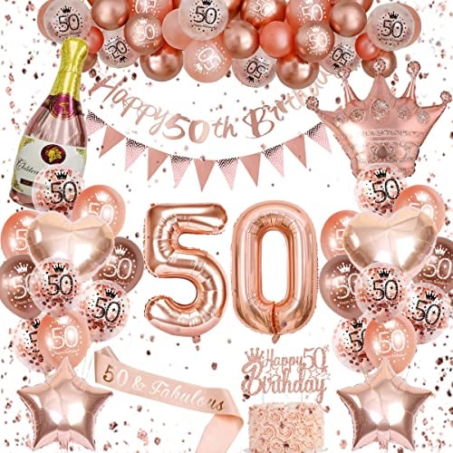 Rosegold 50. Geburtstag Deko mit Happy Birthday Banner und Ballons - Schärpe für Frauen