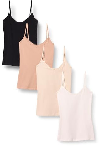 Amazon Essentials Camiseta Interior Ajustada de Punto con Cuello de Pico (Disponible en Tallas Grandes) Mujer, Pack de 4, Beige/Blanco/Camel/Negro, XXL