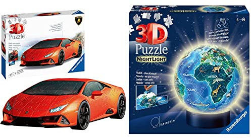 Ravensburger 3D Puzzle 11238 - Lamborghini Huracán EVO - Modellauto & 11844 - Nachtlicht Erde bei Nacht - 72 Teile - LED Nachttischlampe mit Klatsch-Mechanismus