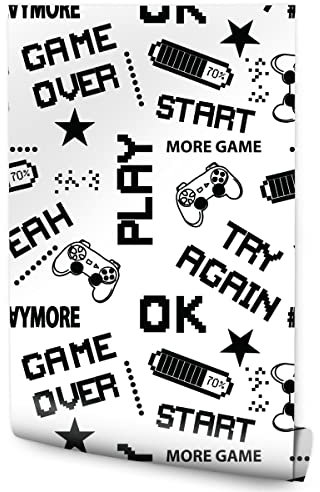 Muralo Tapete 10m Rolle Vlies Tapete Graffiti Jugend Pixel UNTERTITEL Spielen Joysticks Batterien Sterne Vliestapete 1000 x 53cm Kinderzimmer Kindergarten Moderne Wand Dekoration