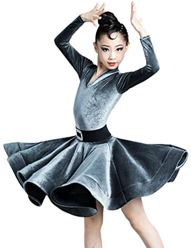OTMYIGO Lateinisches Tanzkleid für Mädchen, Samt, Bühnenleistung, Gymnastikanzug, Herbst, Winter, Ballsaal, Wettbewerbskostüme, Grau, 160