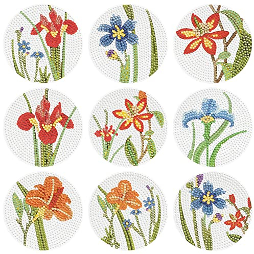 EXQULEG 9 Pcs Diamond Painting Untersetzer Runde Untersetzer mit Halter, Osterhasen Eier DIY Diamond Art Painting Untersetzer, Diamant Malerei Untersetzer für Gläser Weingläser Vasen (BD218)