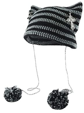 Grunge Beanies Häkelmützen für Frauen Mädchen Fuchs Katzenohren Goth Emo Alt Y2K Zubehör Grunge Kleidung Schwarz, Schwarz , Einheitsgröße