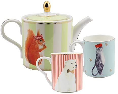 YVONNE ELLEN Weihnachts-Teekanne und 2 Tassen aus feinem Knochenporzellan, Vintage-Stil