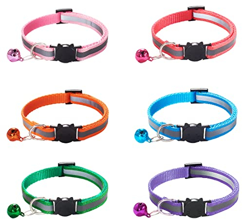 6pcs Collare Gatto Riflettente, Antistrozzo Regolabile, Personalizzato, con Campanellino