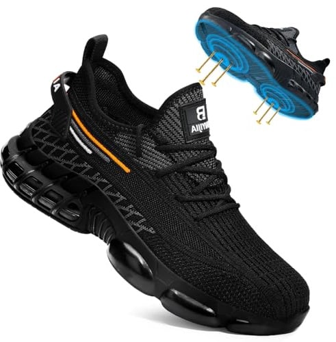 BAIYIJIA Steel Toe Work Shoes for Men Lightweight Safety Shoes with Puncture Resistant Sole Comfortable Construction Industrial Work Shoe for Warehouse Black Size 9.5