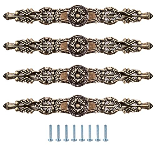 ZONADAH Set of 4 Antique Brass Style Cabinet Handles, Hole Distance 160mm, Vintage Style Pull Handle, Door Knobs Back Plate for Home Furniture Drawers Cabinets Wardrobes Cupboard Cabinet