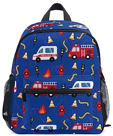 Kleinkind-Rucksack für Jungen/Mädchen, niedlicher Kindergarten Schulbuchtasche, Reise-Tagesrucksack mit Brustgurt, Rettungswagen, Feuerwehrmann, Feuerwehrautoausrüstung, Mehrfarbig, Small,