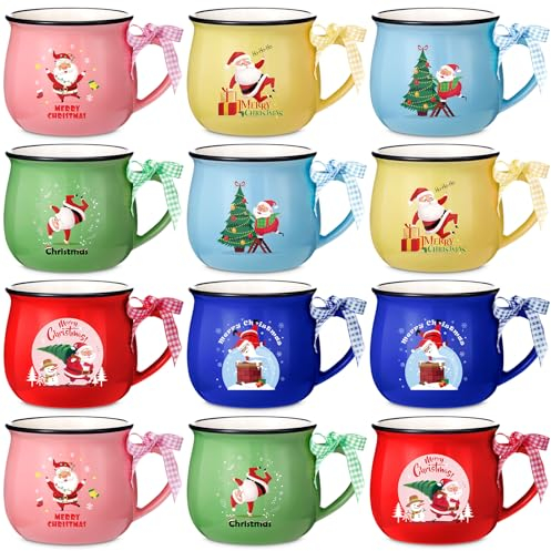 Mifoci 12 Stück Weihnachts-Kaffeetassen mit 12 Bändern Weihnachtsmann-Design Keramik Weihnachtsgeschenke 340 ml Merry Xmas Heiße Schokolade Tassen Urlaub Neuheit Kaffeetassen für Party Dekoration