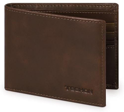 Portefeuille Homme en Simili Cuir Blocage RFID, Porte Monnaie Homme à Deux Volets 10 Porte-Cartes de Crédit, 2 Fenêtres d'Identification, 2 Compartiments pour Billets Banque, Boîte Cadeau - Marron