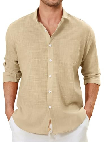 Enlision Mens Beige Linen Shirts Long Sleeve Shirts Light Yellow Cotton Henley Shirts Casual Button Down Shirt Summer Beach Holiday with Pocket L