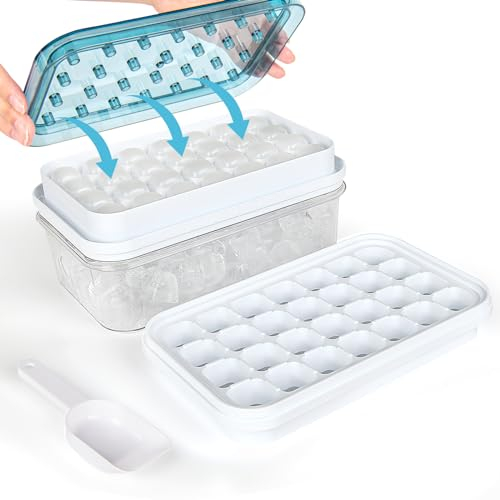 Cubitera con tapa y recipiente: 56 piezas de cubitos de hielo simplemente presionando para liberar el hielo, enfriar cócteles, whisky, café, 2 niveles, 1 cubo de hielo y cuchara, taza medidora (azul)