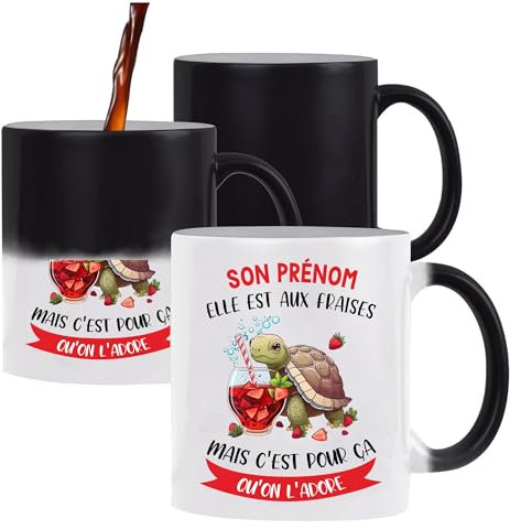 Mug prénom personnalisable | Tasse personnalisée humour fun idée cadeau collègue surnom métier (Mug Magique, Féminin, Tortue aux Fraises)