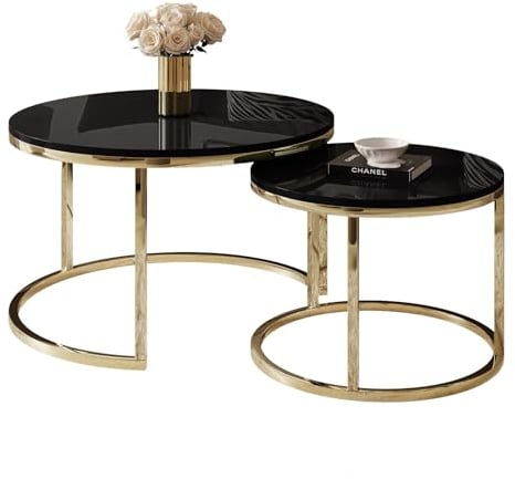 lukmebel Couchtisch rund 2er Set - CIRI 2in1 - Beistelltisch rund - Kaffetisch - Industrial Deko - Deko Wohnzimmer - Kleiner Beistelltisch - Sofatisch - Couchtisch Schwarz Hochglanz