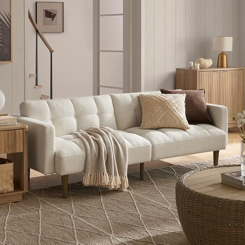 mopio Aaron 195,1 cm Couch, kleines Futon-Sofa, Schlafsofa, Loveseat, Mid Century Modern Futon Couch, Sofa Cama, Couches für Wohnzimmer, Schlafzimmer (Perlweiß, Boucle)