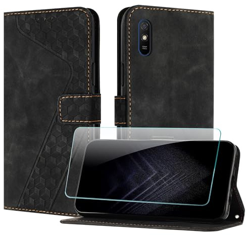 JayModCase Coque pour Xiaomi Redmi 9A, Cuir Pochette de Portefeuille avec Film de Protection d'écran [Support] [Magnétique] Emplacements Cartes pour Redmi 9A - Noir