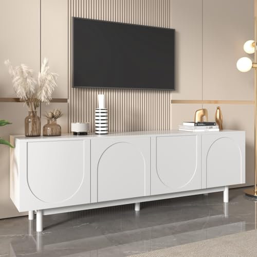 KOMHTOM Meuble TV Blanc avec 4 Portes Meuble télé Meuble de Rangement avec séparateurs réglables, Table Television Salon Meubles de Salon (B)