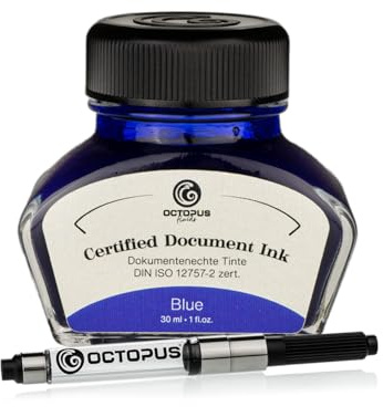 Octopus Fluids Document Ink Blau 30 ml, Füllhaltertinte mit Konverter | DIN ISO 12757-2 zertifiziert, 30-ml-Tintenglas mit Tinten-Konverter für Füllhalter mit Standardpatronensystem