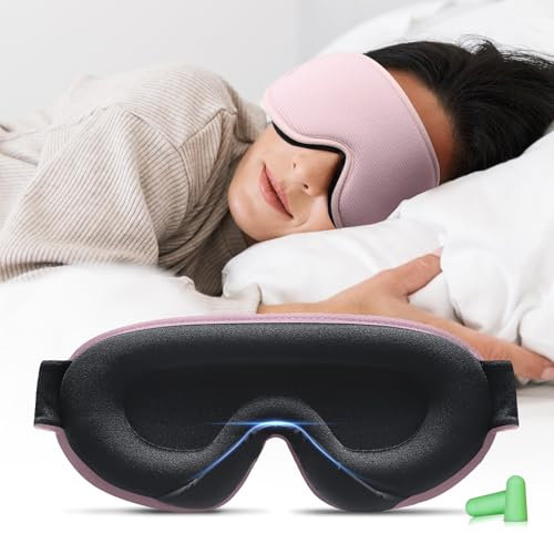 Aosun Schlafmaske für Frauen und Herren, 2024 Upgrade Speziell für Seitenschläfer Optimiertes und Verbessertes Gummiband, 3D Schlafbrille, 100% lichtblockierende Augenmaske mit Ohrstöpseln, Rosa