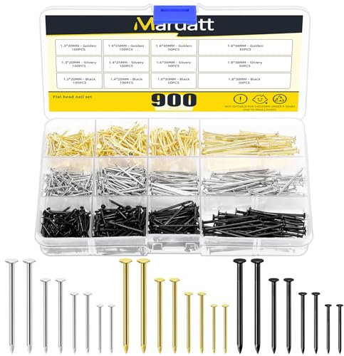 Mardatt 900 Stück 4 Größen 3 Farben Hardware Nägel Sortiment Kit, Nägel für hängende Bilder, kleine Nägel, Finishing Nägel, hängende Nägel, Holznägel, Pin-Nägel, Wandnägel zum Aufhängen