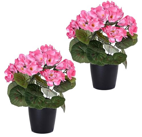 JYCRA Paquete de 2 Flores Artificiales de Geranio de Seda con Maceta, Flor de Geranio en Maceta, Flor de Seda Sintética, Plantas en Macetas de Imitación, Lindas Plantas Decorativas de