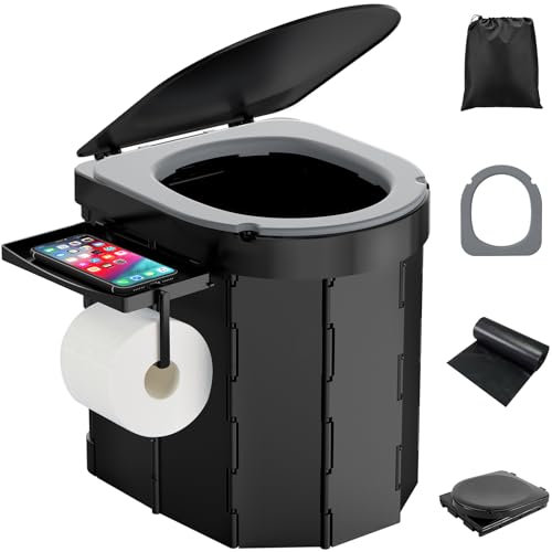 WADEO Toilette de Camping Pliable avec Coussin PU - Portable, Étanche, avec Couvercle, Étagère à Téléphone et Porte-Papier - pour Randonnée, Camping-Car et Voyage