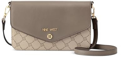 Nine West Damen Caireann Phone Wallet Crossbody Deisgner, Schwarze, Tragetasche, Handtasche, Trendtasche, Handy-Umhängetasche, Beigefarbenes Logo/Feuerstein