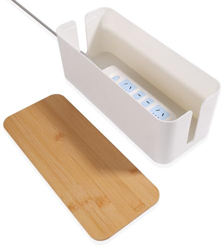 QOEOTUY Caja de cables grande para escritorio sin taladrar – Organizador de cables con tapa de bambú y enchufe, respetuoso con el medio ambiente contra enredos de cables, gestión de cables para PC