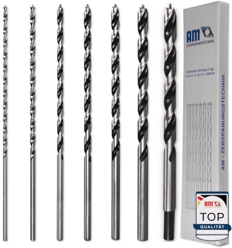 AM-Zerspanungstechnik Holzbohrer Set lang (7-teilig) | Schlangenbohrerset Ø4, 5, 6, 7, 8, 10, 12 x 230mm | Profi Bohrer Set für Holz | Holzspiralbohrer, lange Schalungsbohrer, Lochbohrer Holz