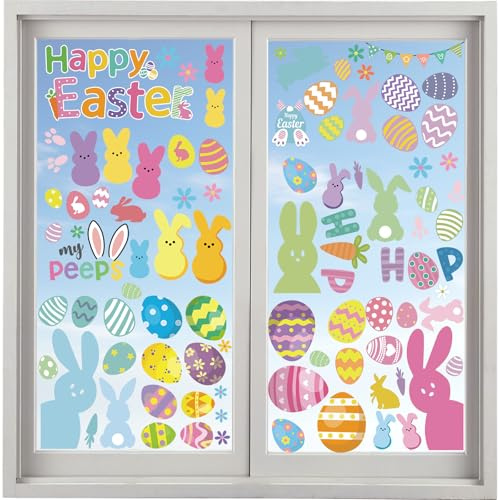 Sfoni 135 Stück Ostern Fensterbilder Selbstklebend Fenstersticker Ostern Wiederverwendbare Fensterdekoration Ostern mit Hasen Ostereier Fenster Aufkleber Fensterdeko für Ostern