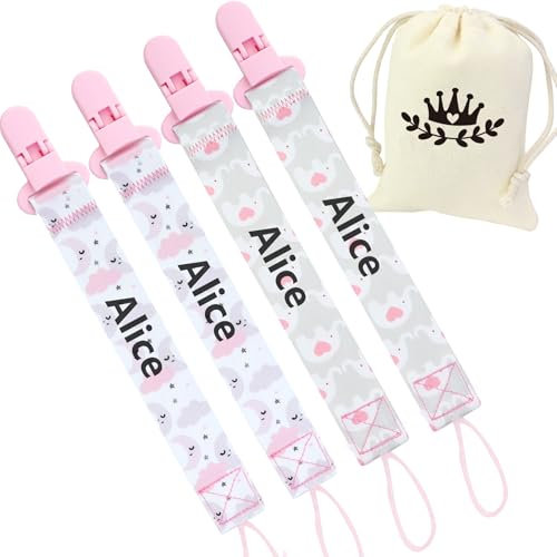 4-Pack Ultra-Soft-anpassbare Dummy-Clips mit Aufbewahrungstasche-Perfektes Babygeschenk für Neugeborene, personalisierte Sootherketten (Rosa)