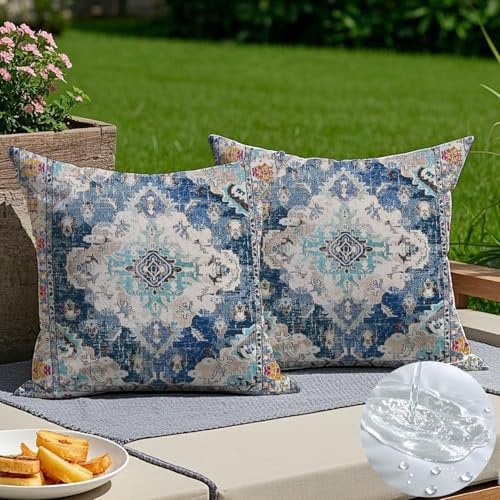 Vorysum Outdoor Kissen 40x40 cm Bohemian Dekokissen Wetterfest Kissenbezüge Vintage Kissenhülle Blau Kissen Sommer Sofakissen für Wohnzimmer Schlafzimmer Garten Dekorative 2er Set