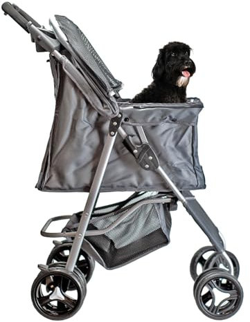 AQPET Passeggino Pieghevole per Cani di Taglia Piccola e Media, Carrello per Animali Domestici Leggero e Resistente, Carrozzina con Doppie Ruote Girevoli e Chiusura Compatta, 75x45x100 cm, Grigio