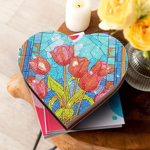 GOLXUWO Diamond Painting Schmuckkästchen Basteln Holz Mädchen,Diamond Painting Schmuckkästchen Basteln Mädchen, Kreatives DIY Diamond Art Bastelset Geburtstag Spielzeug(Tulpe)