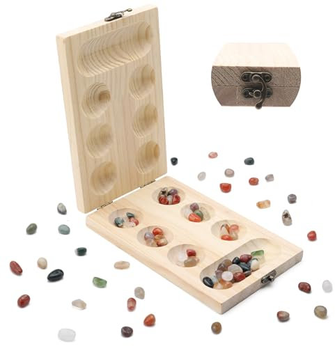 Mancala Brettspiel mit klappbarem, Steinchenspiel Lernspielzeugl, Bambus Mancala, Edelstein Match Schach, Edelstein Spiel, Kala-ha Spiel, Strategie-Brettspiel Aus Holz für Freunde Familie und Kinder