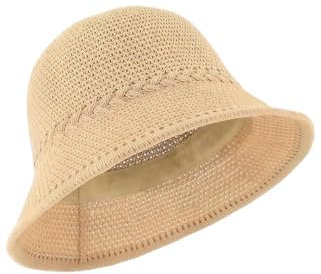 MUNSKT Women's Crochet Bucket Hat, Faux Straw Weaving Sun Hat Packable Mesh Woven Soft Lightweight Summer Beach Hat for Travel Vacation Outdoor (UK, Alpha, One Size, Khaki)