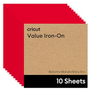 Cricut HTV Heat Transfer Vinyl Sheets | Pack of 10 | 30.5 cm × 30.5 cm | Red | Iron-On HTV Vinyl Sheets for Fabric, Perfect for Custom T-Shirts & DIY Clothing