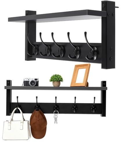 FUNSUEI 2er Set Wandgarderobe mit Ablage, Schwarz Holz Wandregal mit Haken, Kleiderhaken Regal Wandmontage Aufbewahrungsregal für Flur, Schlafzimmer, 43,5 x 11,5 x 19,2 cm