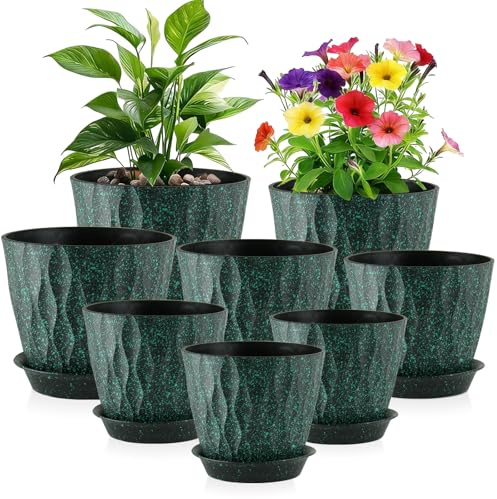 WSMKSZ 8 Pack Plant Pots Indoor, 8/7/6.5/6/5.5/5/4.5/4 inch Plastic Flower Pots with Drainage Holes & Saucers, 3D Modern Wave Texture Thick Planter Pots for Outdoor Plants, Black With Green Speckles