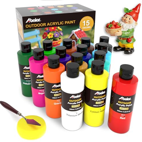 ABEIER Outdoor Acrylfarben Set, 15 Acrylfarben wasserfest für Außen (250ml) | große Flaschen, lichtechte Farben für Anfänger, Erwachsene und Künstler an Holz, Steine, Wände, Bastelarbeiten und Statuen