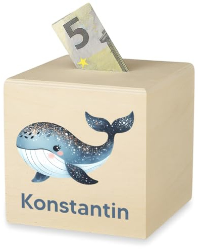 polar-effekt Spardose aus Holz quadratisch mit Wal Motiv Bedruckt - Personalisierte Geschenk-Idee für Kinder - Sparbox für Münzen und Scheine - aus Echtholz