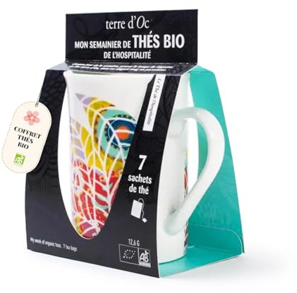 Terre d'Oc - Coffret Semainier Bio - 7 Sachets + Mug en Céramique | Du Genmaïcha Japonais au Thé à la Menthe Marocain - Thés Verts, Noirs & Blancs - Idée Cadeau Homme et Femme - 12,6g